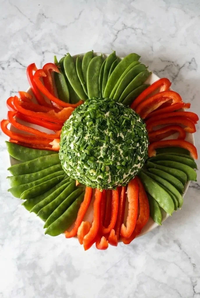 Green onion cheese ball centered among fanned red pepper strips and snap peas on a round platter