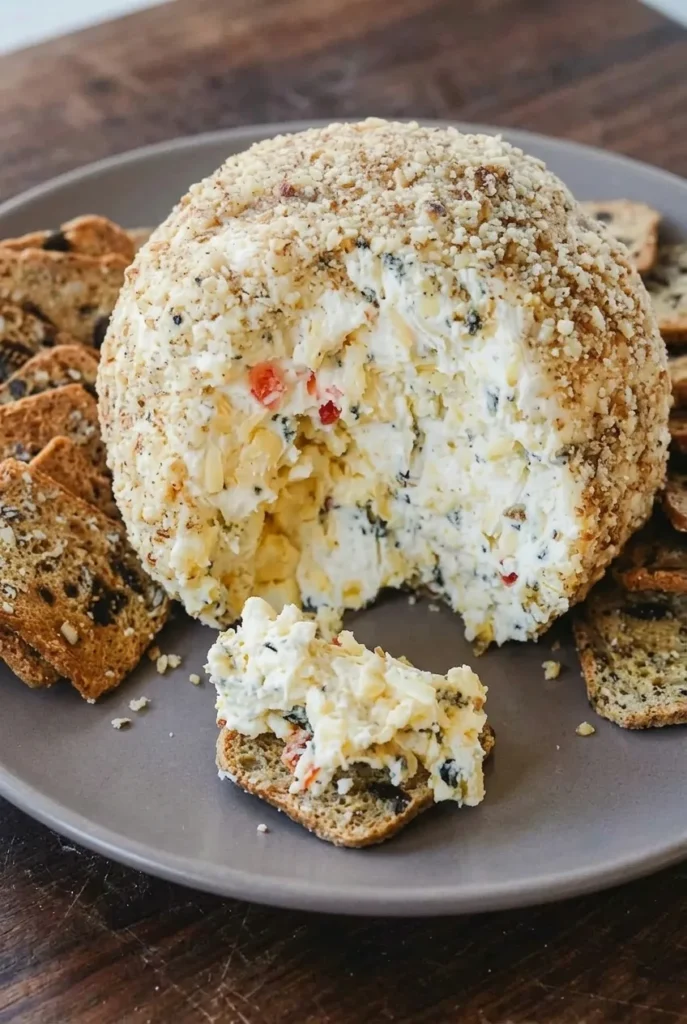Blue cheese and walnut cheese ball with a scoop removed, surrounded by crackers on a ceramic plate