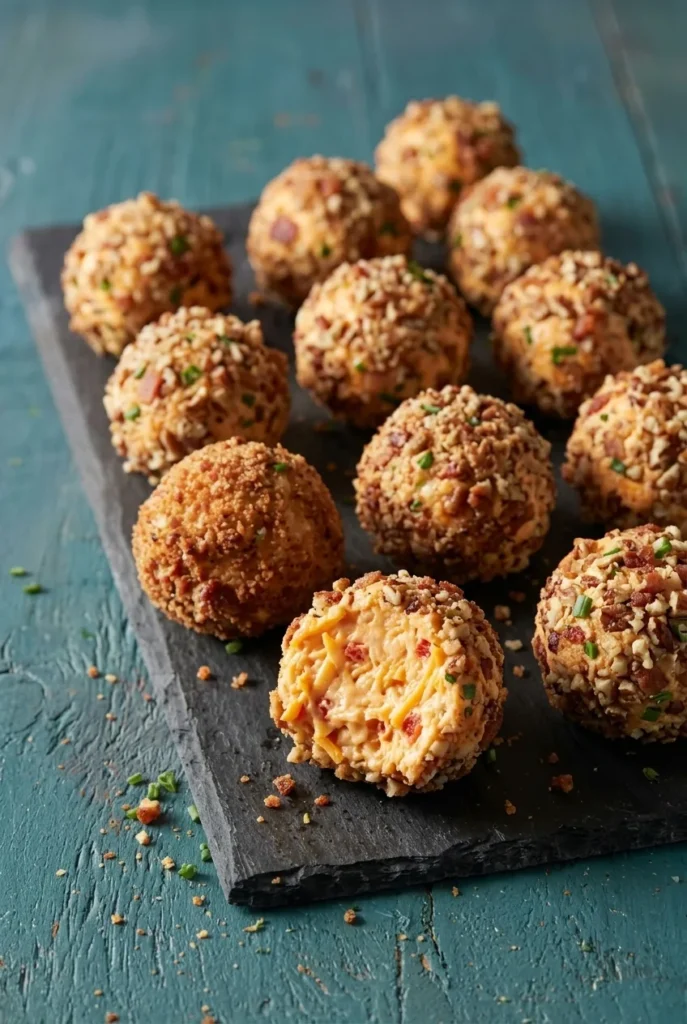 Mini pimento cheese balls on a dark board, with one opened to show cheddar and red pimentos