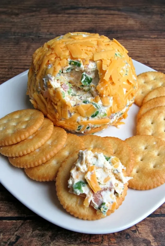 Ham and cheddar cheese ball with a scooped center, surrounded by round crackers on a white plate