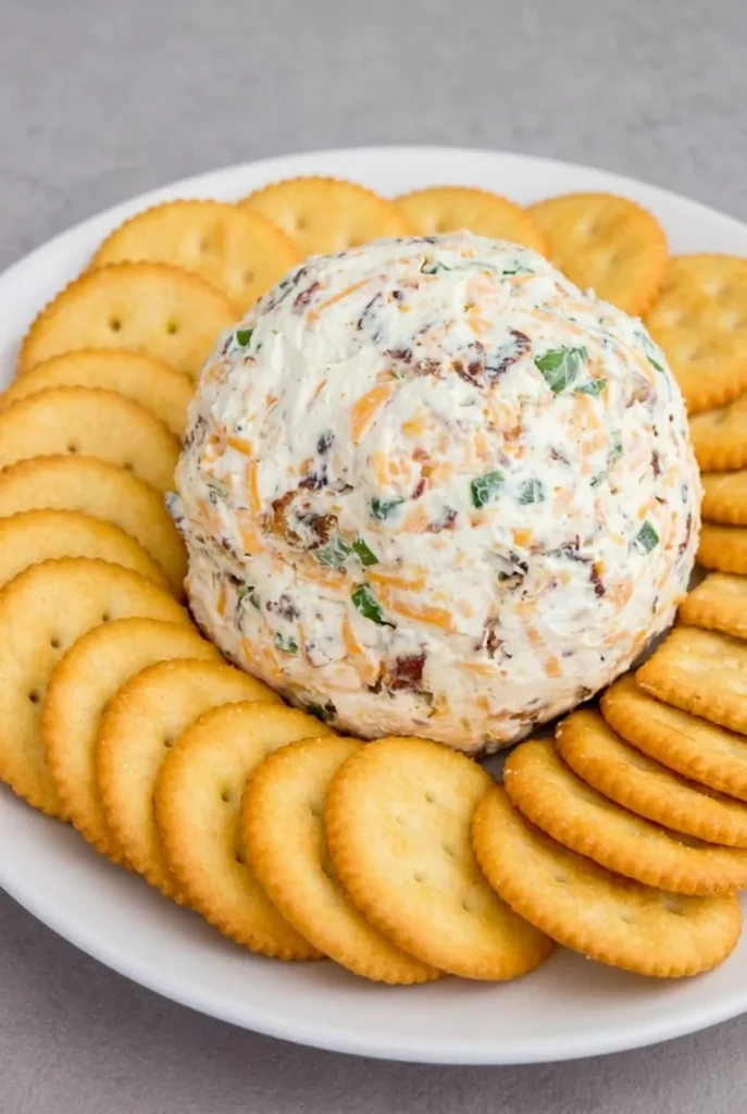 Everything Ranch Cheese Ball flecked with cheddar, bacon, and green onion, served with crackers