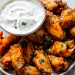 Crispy oven-baked chicken wings lightly coated in Buffalo sauce, with parsley and a separate bowl of ranch