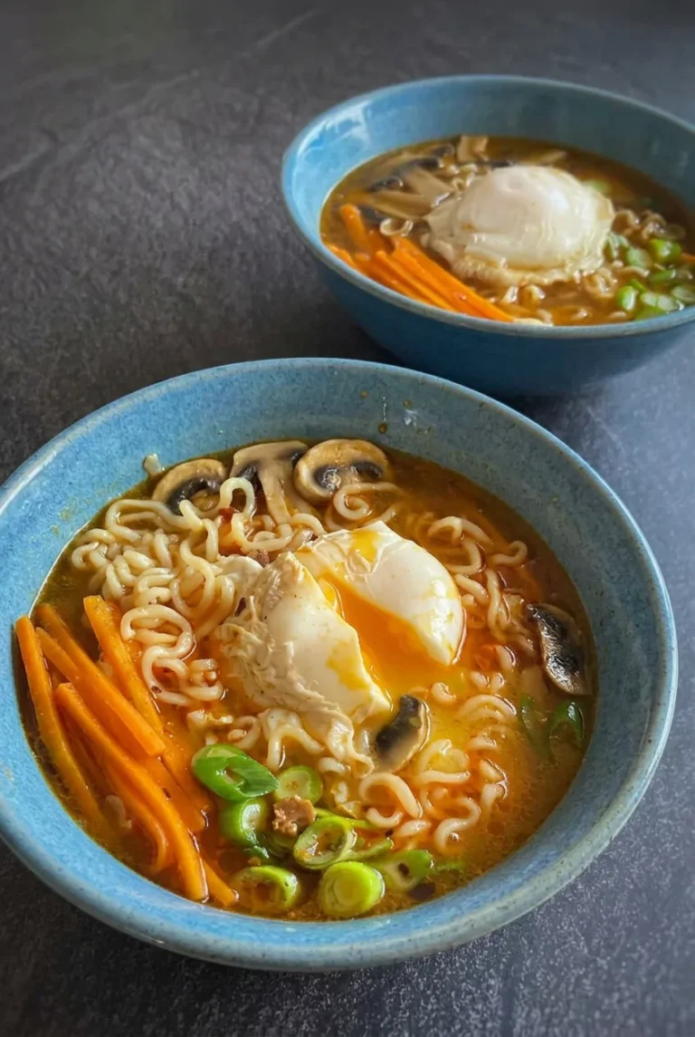 Egg Ramen Noodles with Poached Eggs and Vegetables