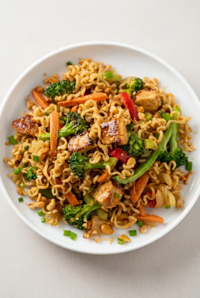 Chicken Ramen Stir Fry with Vegetables and Peanut-Soy Sauce