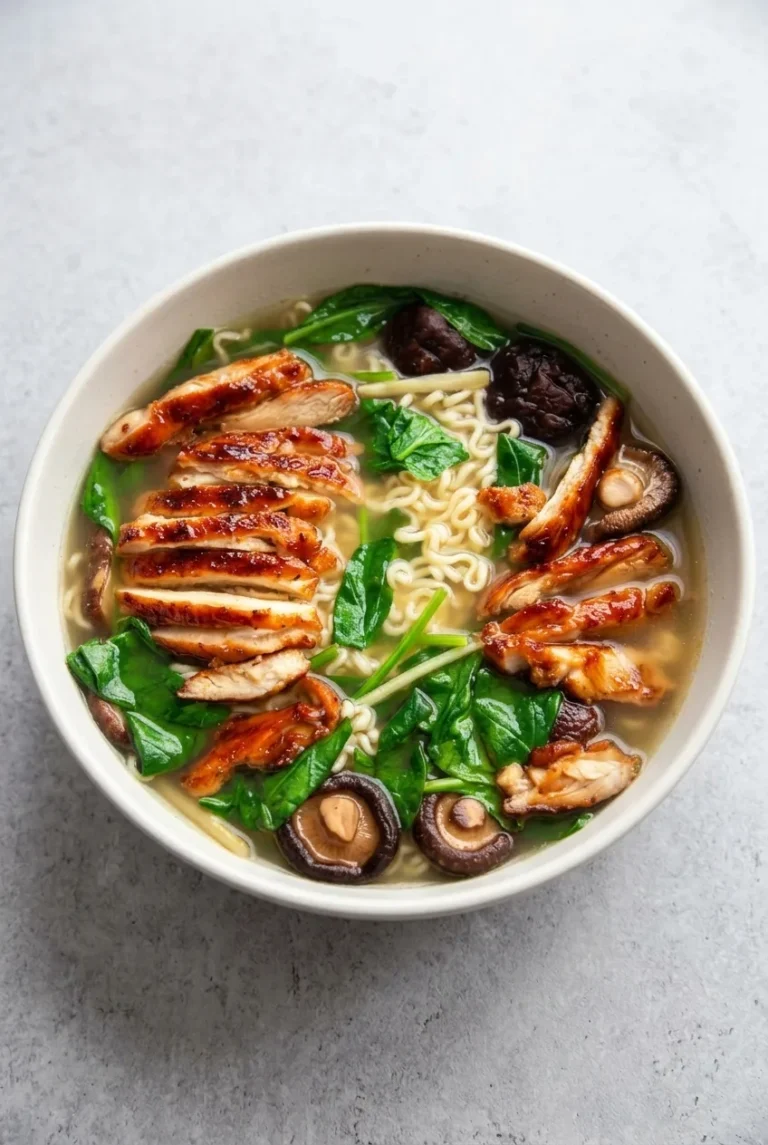 Ginger Garlic Chicken Ramen with Mushrooms and Spinach
