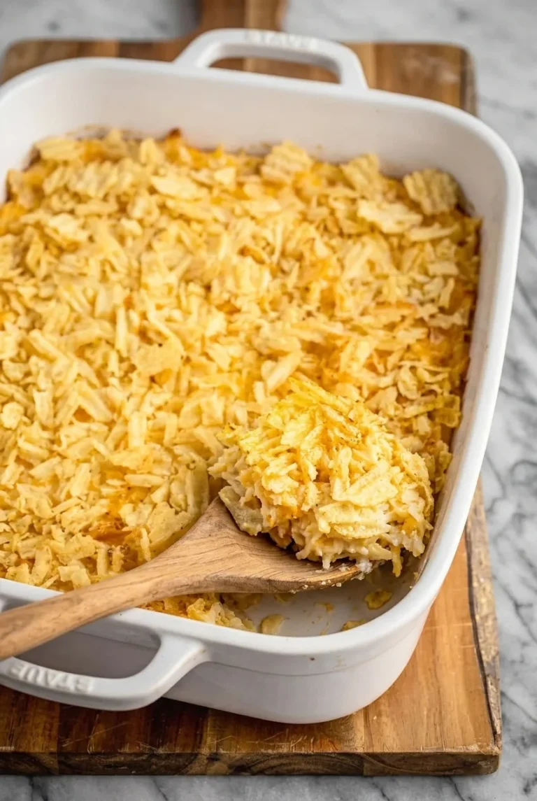 Cheesy Hashbrown Casserole with Crispy Chip Topping