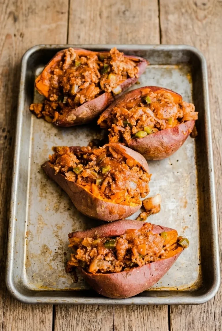 Sloppy Joe Stuffed Sweet Potatoes with Ground Beef
