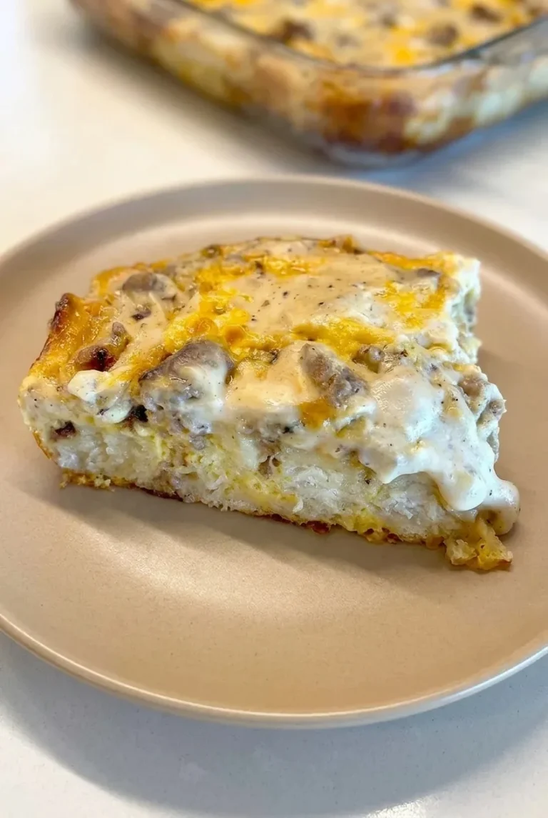Biscuits and Gravy Casserole with Sausage and Cheddar