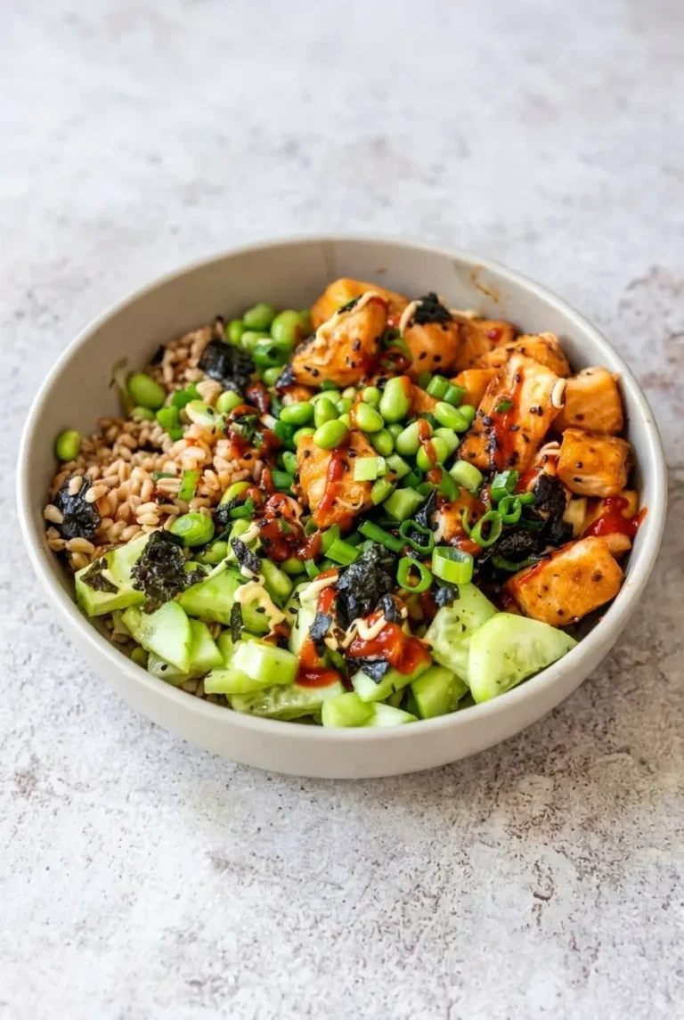 Teriyaki salmon rice bowl with brown rice, cucumber, edamame, nori, scallions, sesame, and two sauces