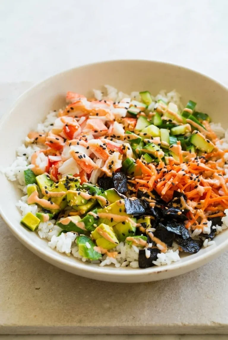 California roll sushi bowl with crab, avocado, cucumber, carrot, nori, spicy mayo, and sesame over rice