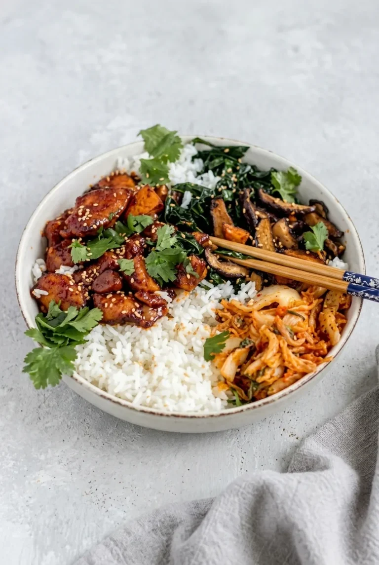 Korean BBQ chicken rice bowl with glazed chicken, rice, kale, sweet potato, kimchi, cilantro, and sesame