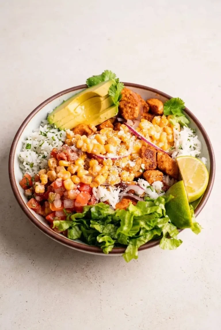 Street corn chicken rice bowl with browned chicken, creamy cotija corn, rice, avocado, pico, lettuce, red onion, and lime