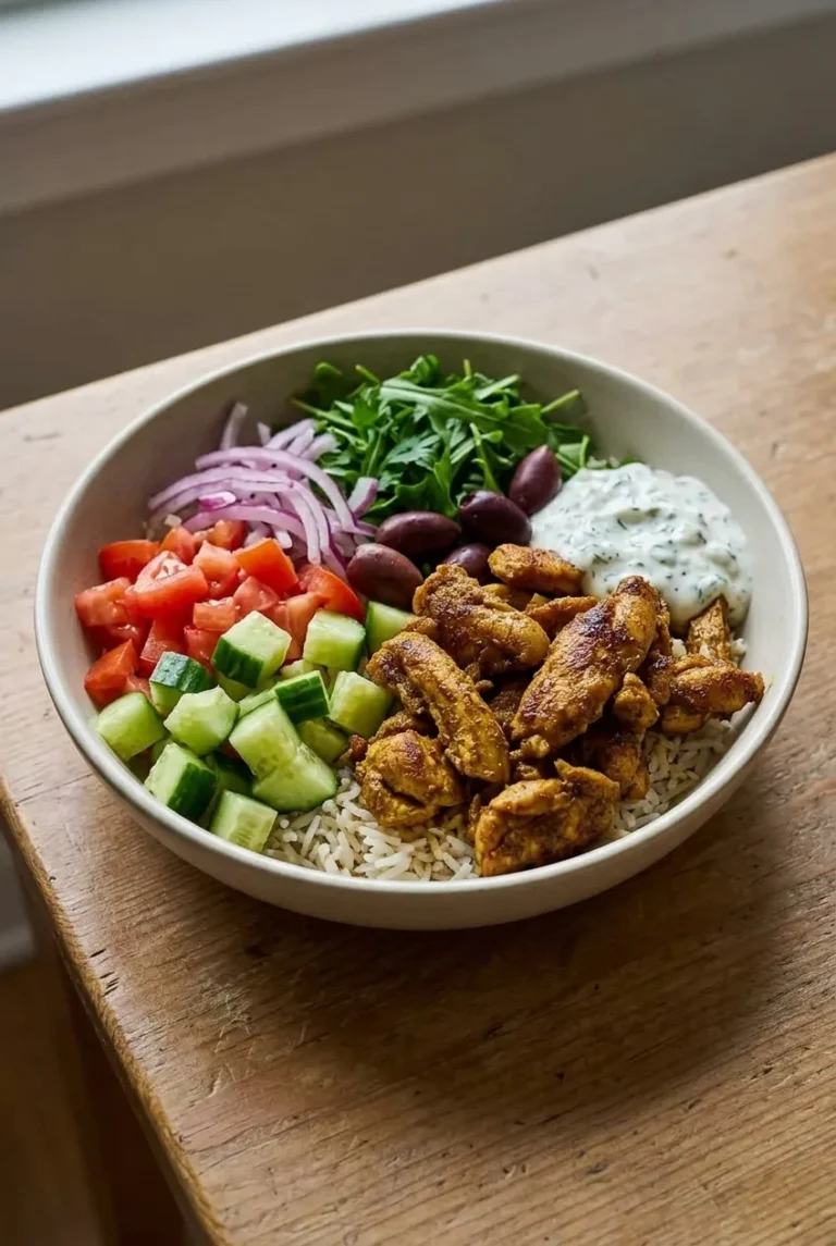 Chicken Shawarma Rice Bowls Chicken shawarma rice bowl with browned spiced chicken, basmati rice, fresh vegetables, greens, olives, and creamy sauce