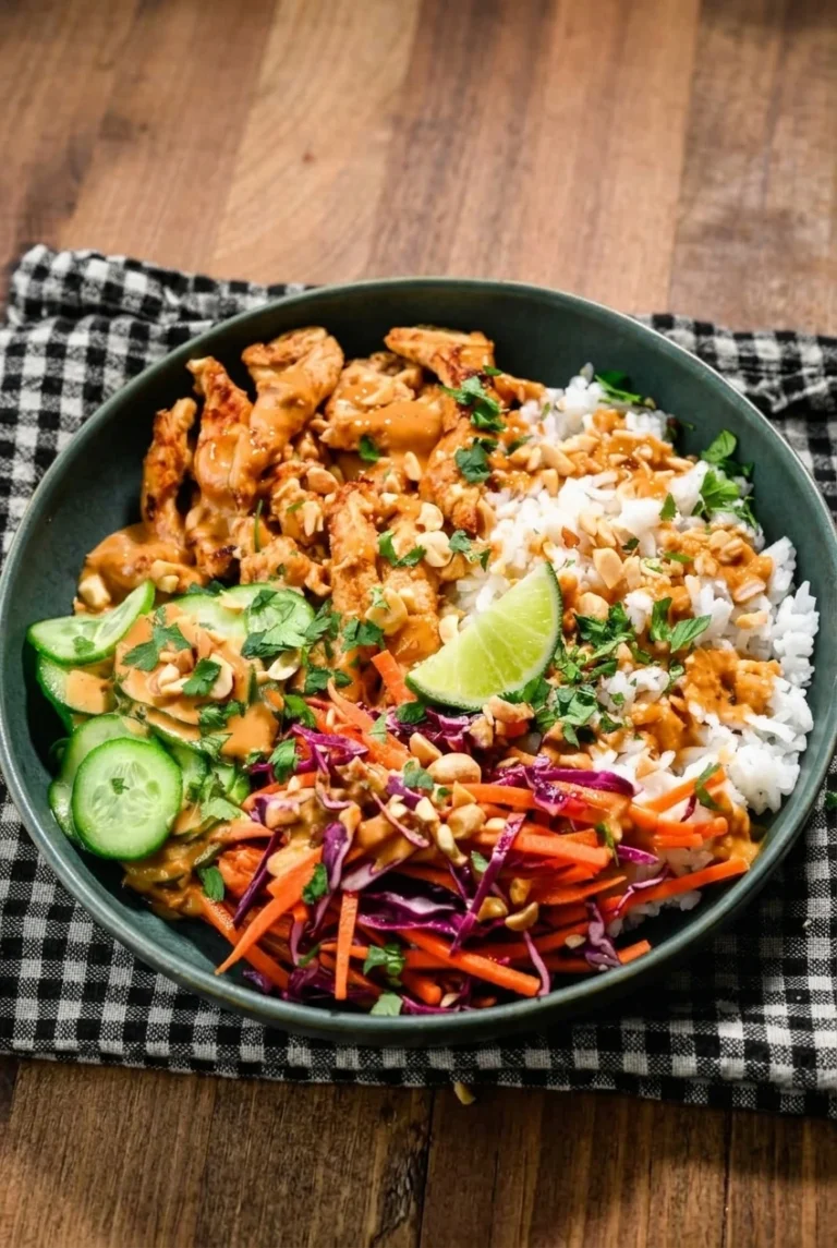Thai peanut chicken rice bowl with cucumber, cabbage-carrot slaw, peanuts, cilantro, and lime