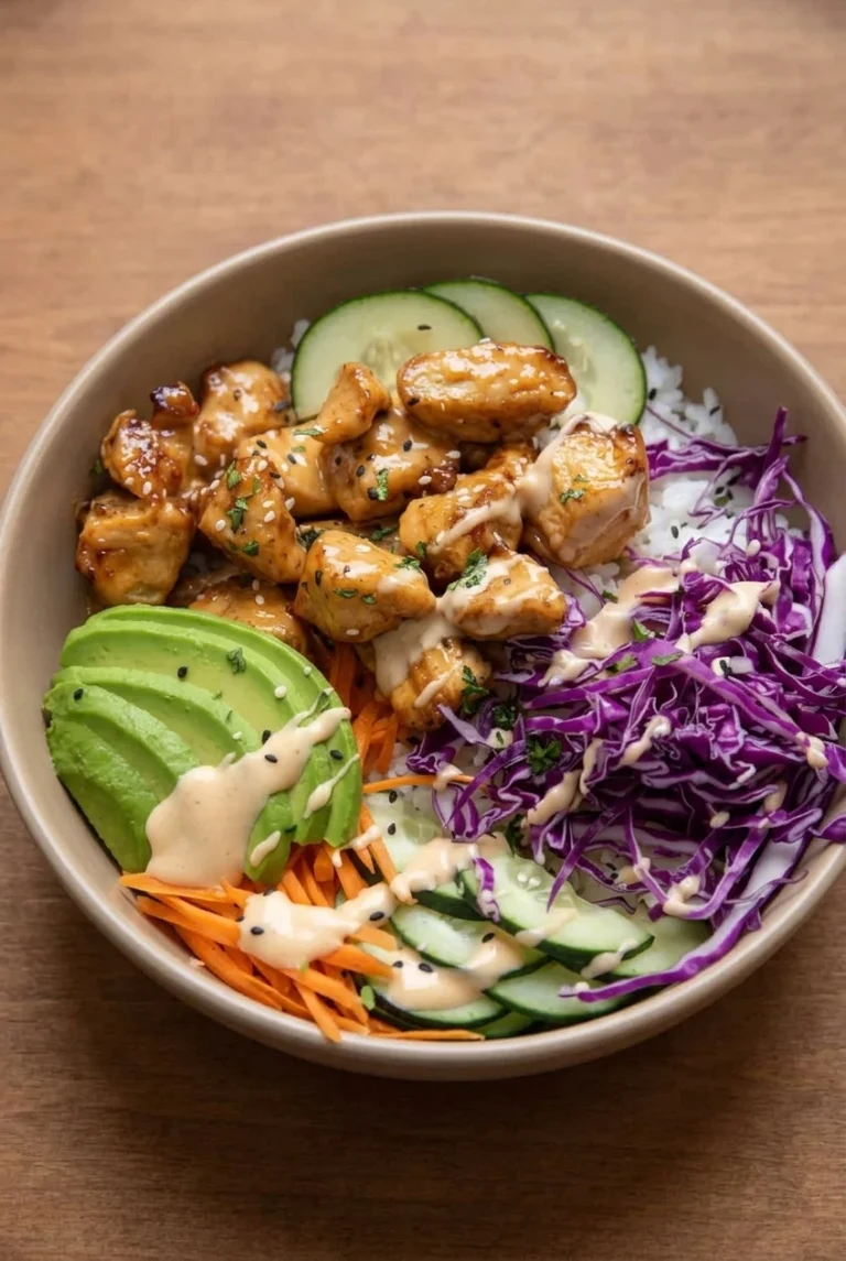 Bang Bang Chicken Rice Bowl with sauced chicken, white rice, cabbage, carrot, cucumber, avocado, and sesame seeds