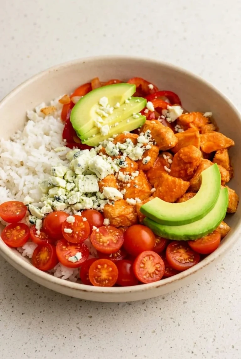 Buffalo Chicken Rice Bowls for an Easy Skillet Dinner Buffalo Chicken Rice Bowl with saucy chicken, white rice, peppers and onions, tomatoes, avocado, and blue cheese.