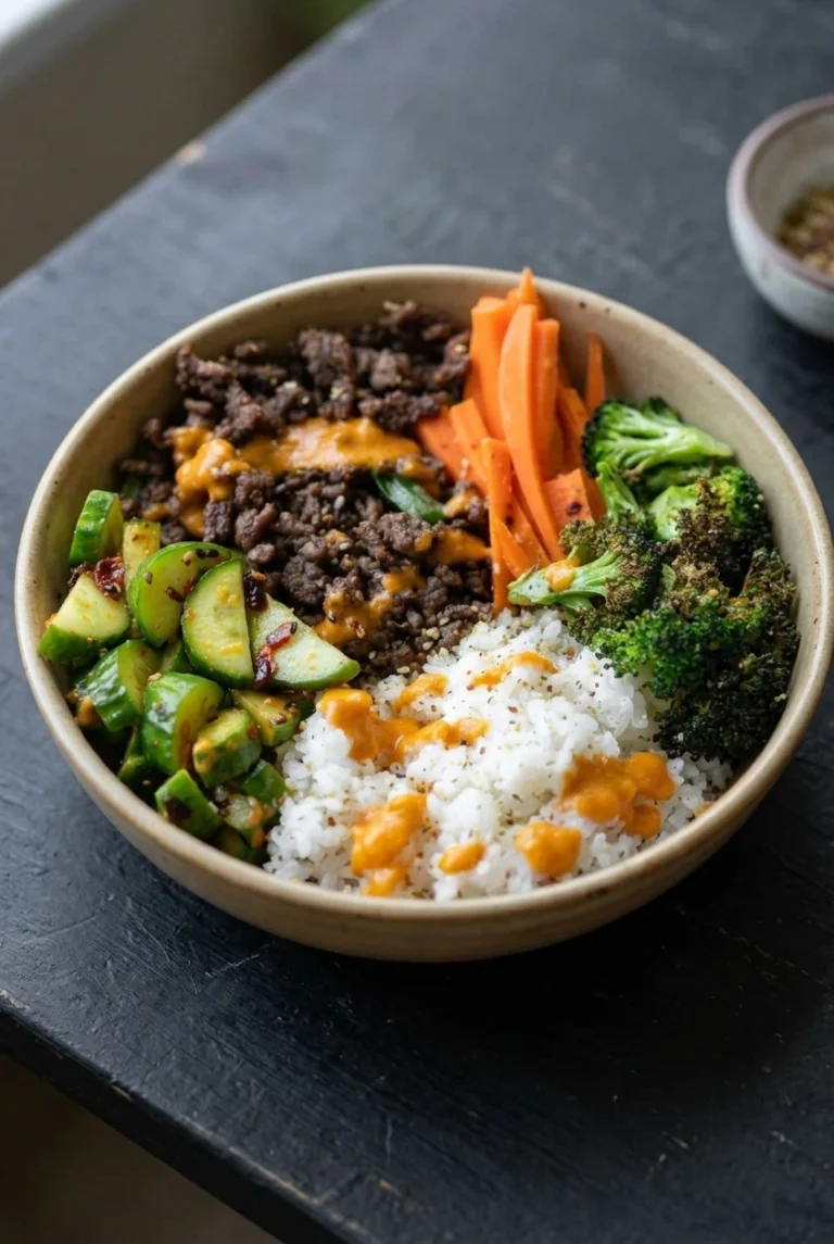 Ground beef bulgogi rice bowl with carrots, roasted broccoli, cucumber, and orange sauce
