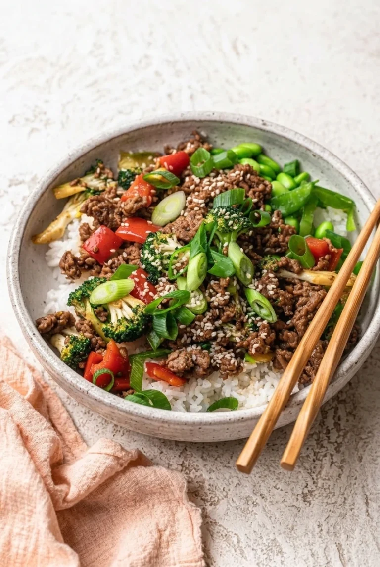 Beef Teriyaki Rice Bowls with Crisp-Tender Vegetables Beef teriyaki rice bowl with glazed ground beef, broccoli, red pepper, edamame, snap peas, green onions, and sesame seeds