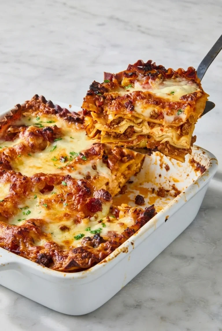 Classic homemade beef lasagna with a browned cheese top and a layered slice lifted from the casserole.