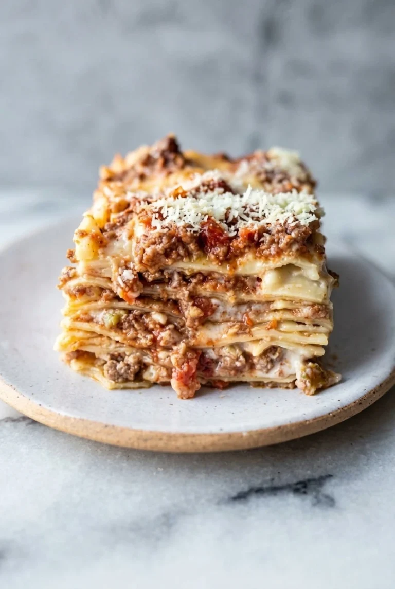 Upright square slice of Lasagna Bolognese with visible pasta, ragù, béchamel, and a browned Parmesan top