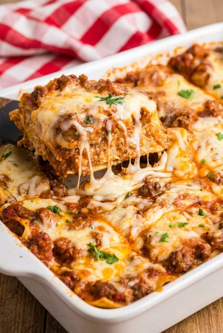 A thick square of easy no-boil lasagna lifted above the casserole, showing meat sauce, pasta layers, and melted mozzarella.