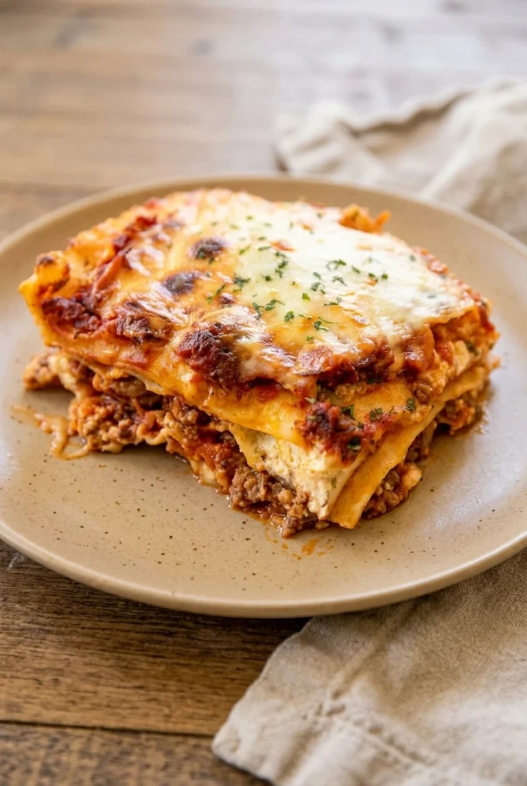 Square slice of Million Dollar Lasagna with browned mozzarella, creamy cheese, sausage sauce, and visible pasta layers.