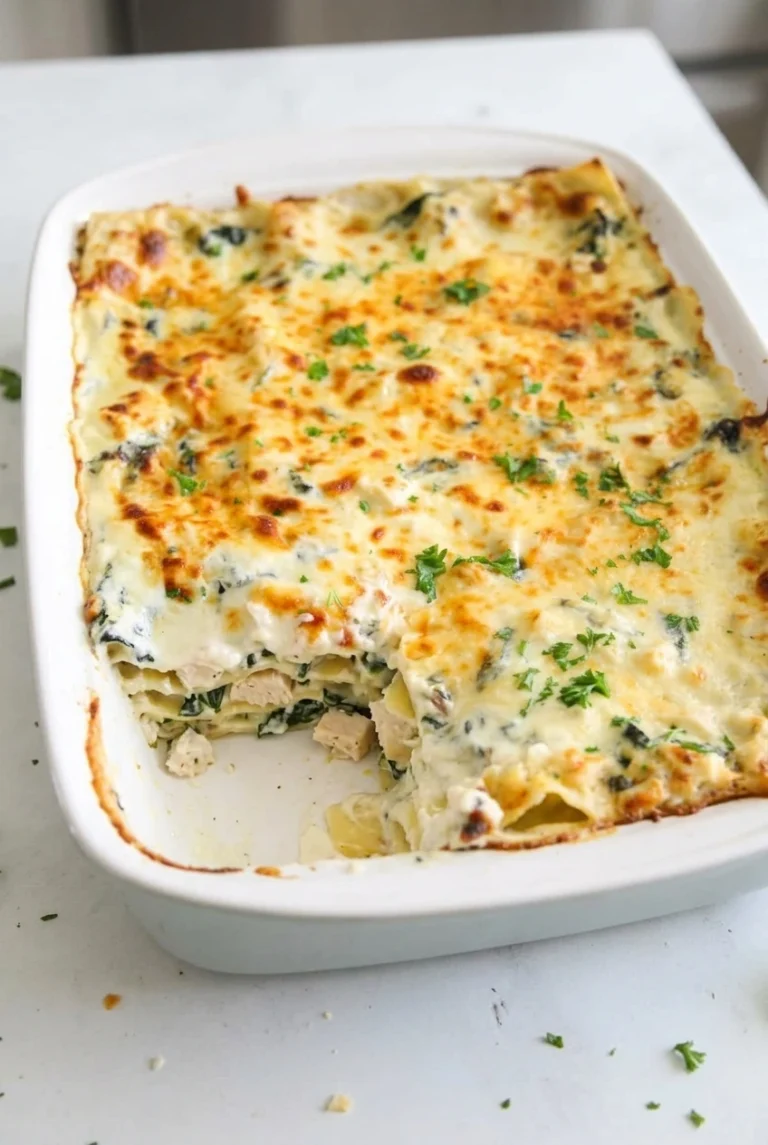Creamy Chicken Alfredo Lasagna with Spinach Creamy chicken Alfredo lasagna with spinach in a white casserole dish, its golden top browned and a corner portion lifted.