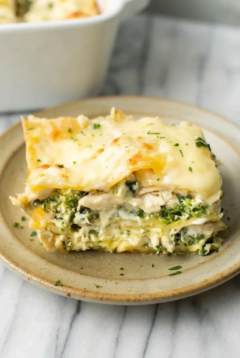 White Chicken Lasagna with Spinach A rectangular slice of white chicken lasagna with spinach, creamy layers, and lightly golden melted cheese.