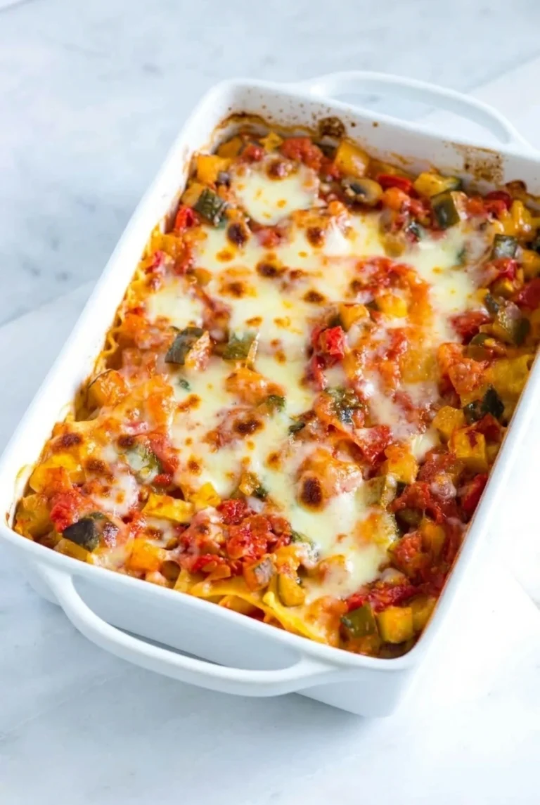 Classic Vegetable Lasagna with Ricotta and Mozzarella Whole classic vegetable lasagna in a white casserole dish, topped with chunky tomato vegetables and browned mozzarella.