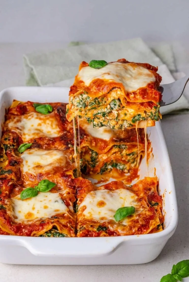 A square of spinach and ricotta lasagna lifted from the dish, showing distinct layers and melted cheese.