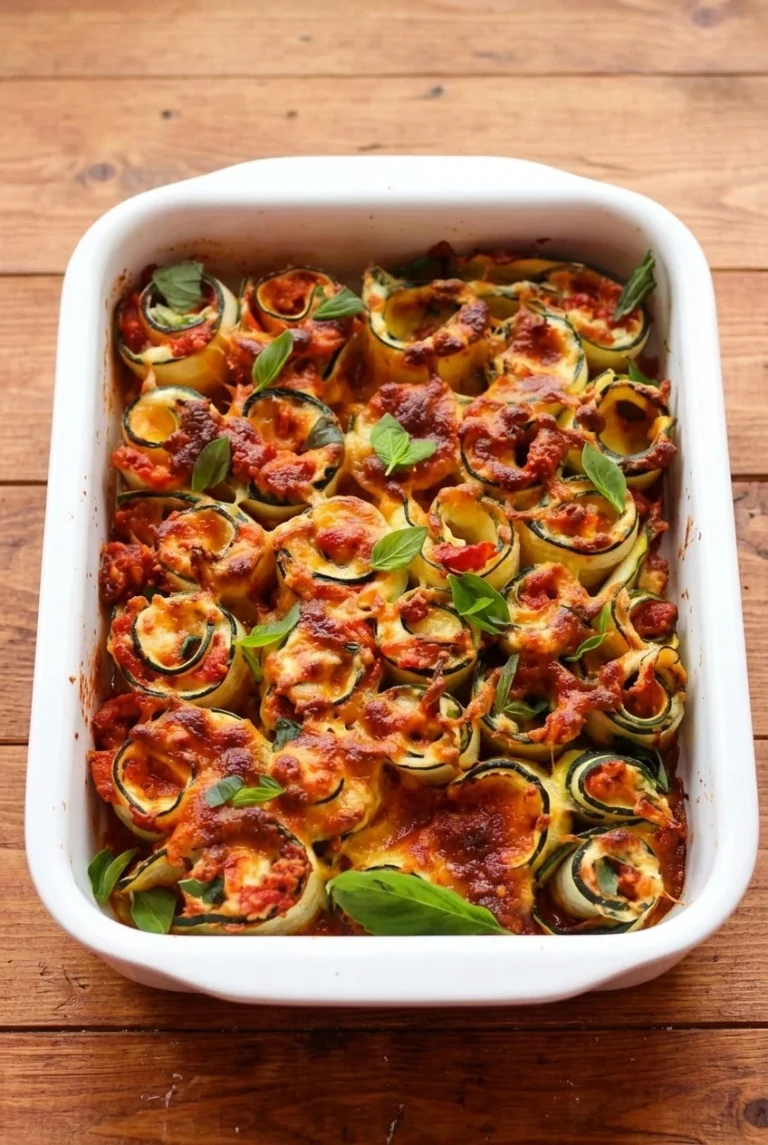 Zucchini Lasagna with Ricotta-Filled Zucchini Rolls Zucchini lasagna with curled zucchini ribbons, marinara, browned cheese, and basil in a white casserole dish.