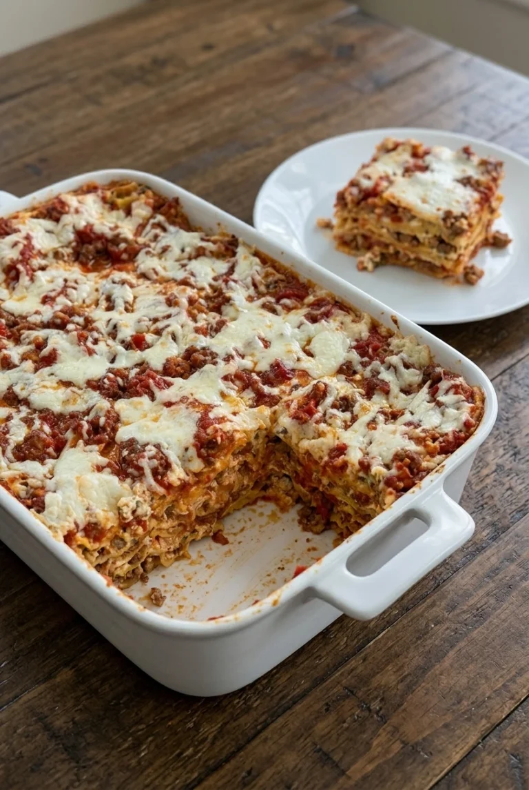Italian sausage lasagna in a rectangular casserole with a thick layered square slice on a plate
