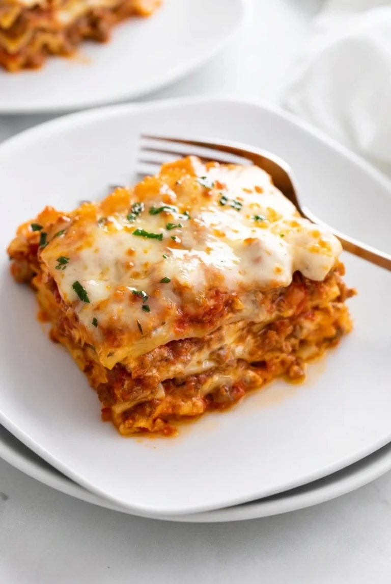 Five Cheese Lasagna with Ground Turkey Square slice of five cheese lasagna with visible pasta, turkey tomato sauce, cheese layers, and parsley on a white plate