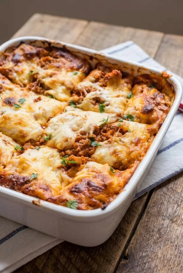 Cottage Cheese Lasagna with Beef and Marinara Cottage cheese lasagna in a white baking dish, topped with beef marinara, browned mozzarella, and parsley