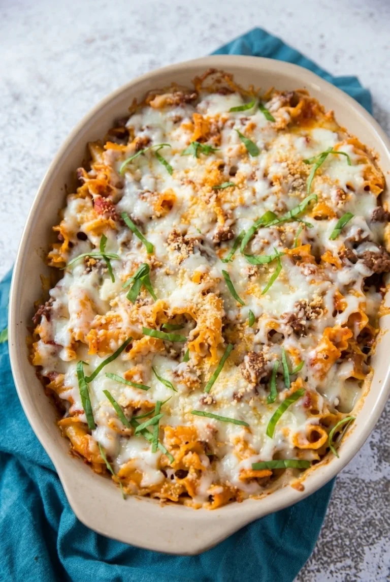 Lazy Lasagna Casserole with Farfalle Lazy lasagna casserole with farfalle, beef marinara, melted mozzarella, Parmesan, and basil in an oval dish