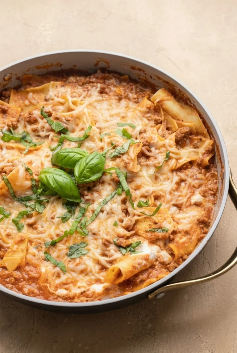 Skillet Lasagna with Ground Beef Skillet lasagna with broad noodles, beef marinara, ricotta, melted mozzarella, and fresh basil