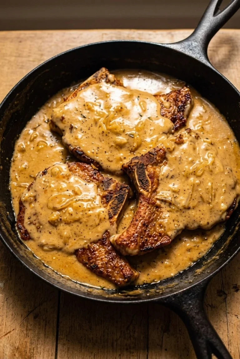 Southern smothered pork chops nestled in a dark skillet with glossy onion gravy and browned edges.