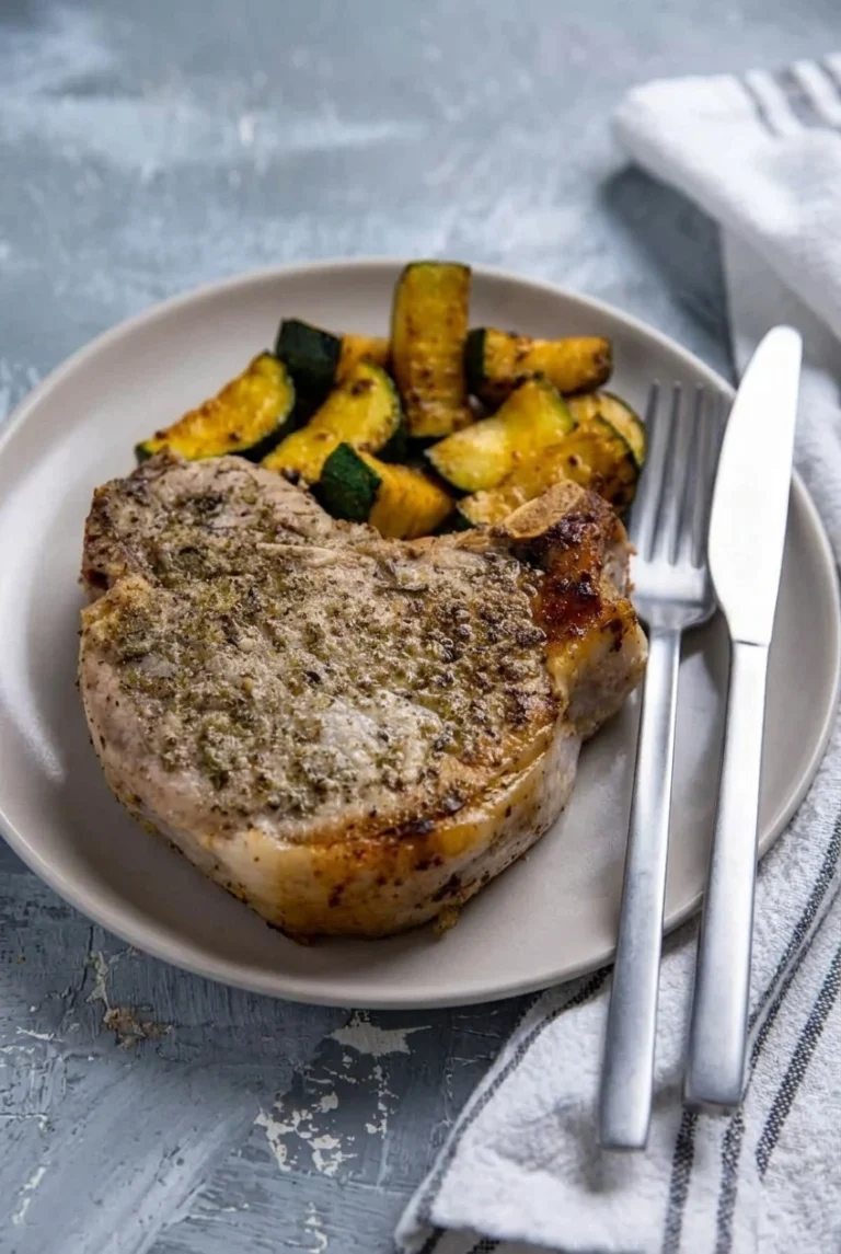 Garlic Butter Skillet Pork Chops with Zucchini Garlic butter skillet pork chop with browned zucchini wedges on a neutral plate