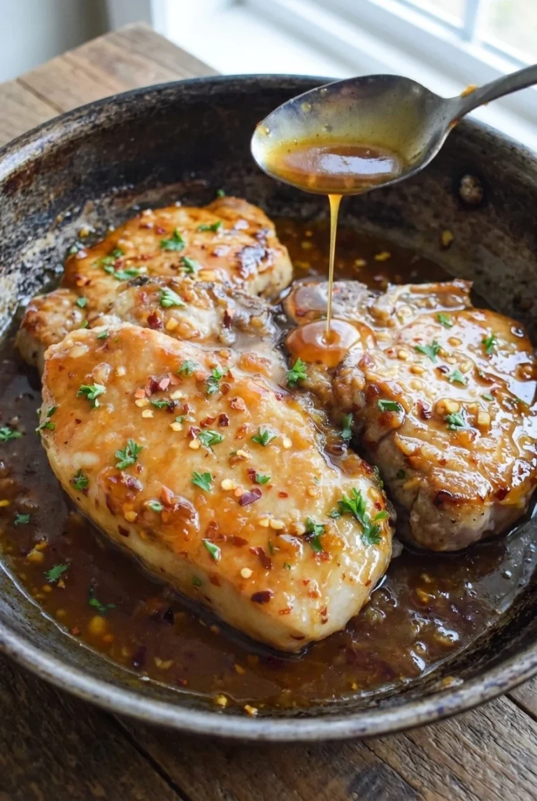 Honey Garlic Pork Chops with Glossy Skillet Sauce Whole honey garlic pork chops coated in glossy amber glaze with parsley and red pepper flakes in a shallow skillet