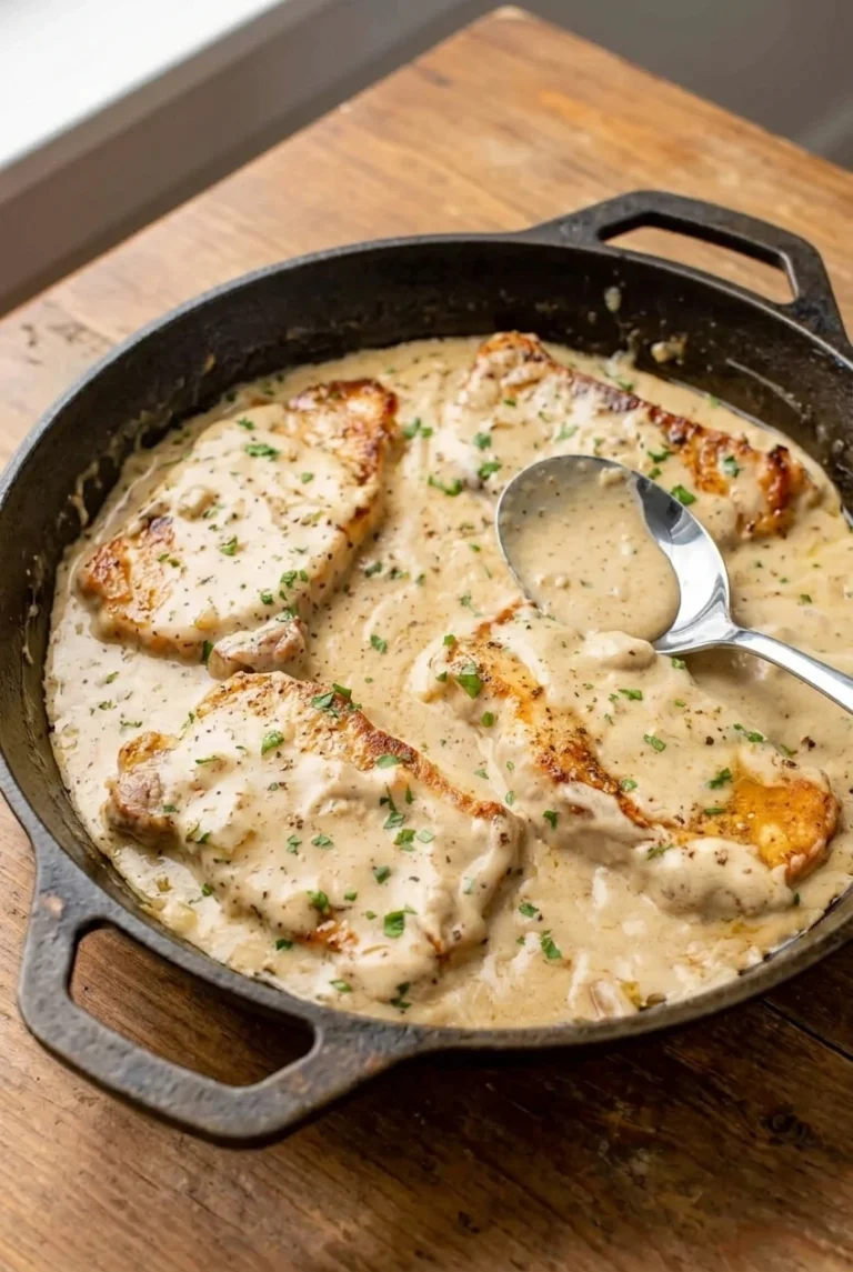 Golden-seared cream of mushroom pork chops nestled in creamy sauce with parsley in a dark skillet.