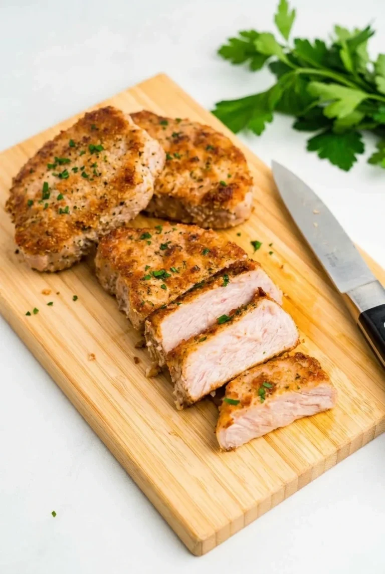Crispy Parmesan-Crusted Pork Chops Golden Parmesan-crusted pork chops with parsley on a wooden board, including thick slices showing a moist interior.