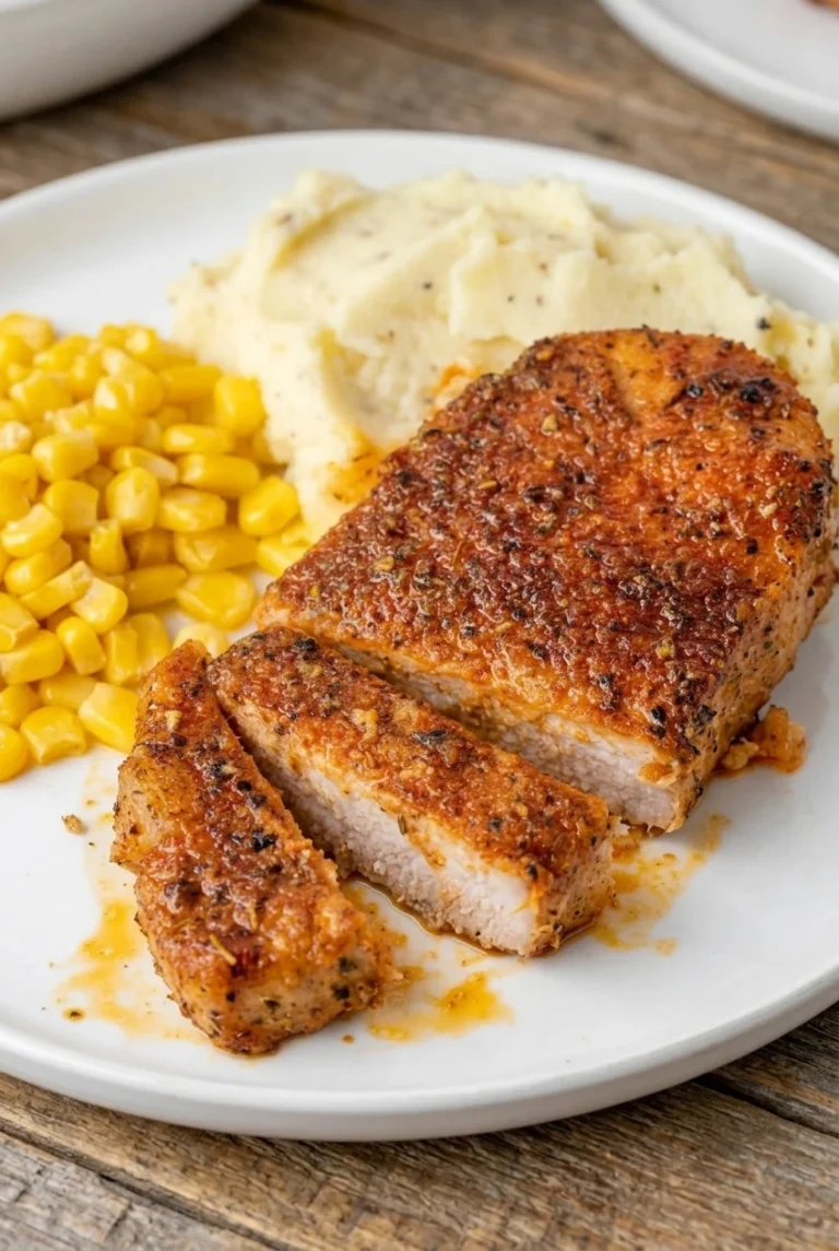 Brown Sugar Baked Pork Chops Brown sugar baked pork chops, one whole and one sliced, with mashed potatoes and corn on a white plate