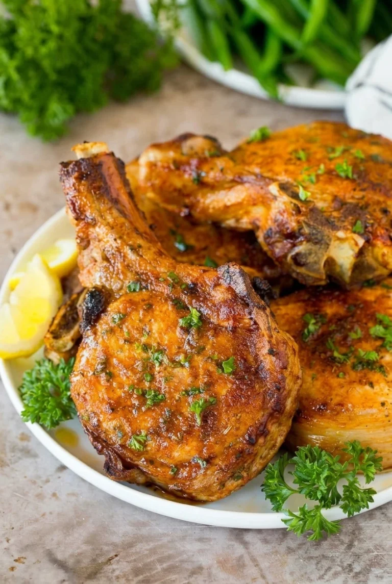 Paprika-rubbed air fryer pork chops with chopped parsley and lemon wedges on a white plate