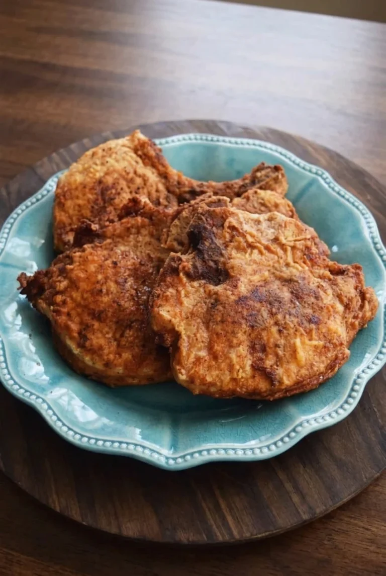 Whole Southern fried pork chops with a craggy golden-brown crust overlapping on a turquoise platter