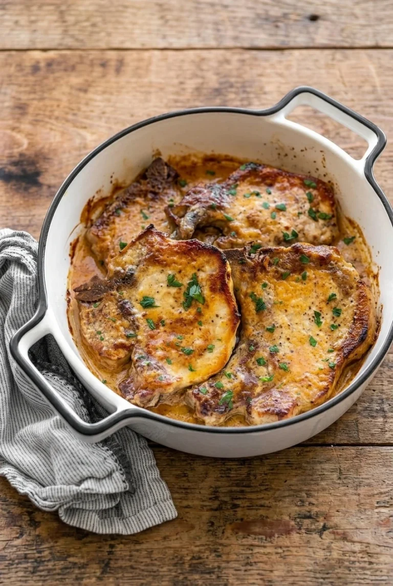 Whole honey mustard pork chops in a shallow white dish with creamy sauce and chopped parsley