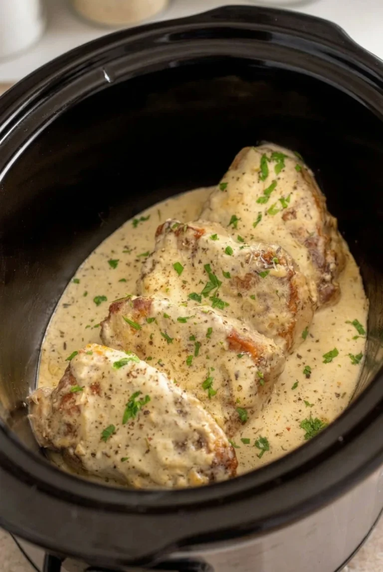 Whole browned pork chops in creamy garlic Parmesan sauce with parsley in a black slow cooker.