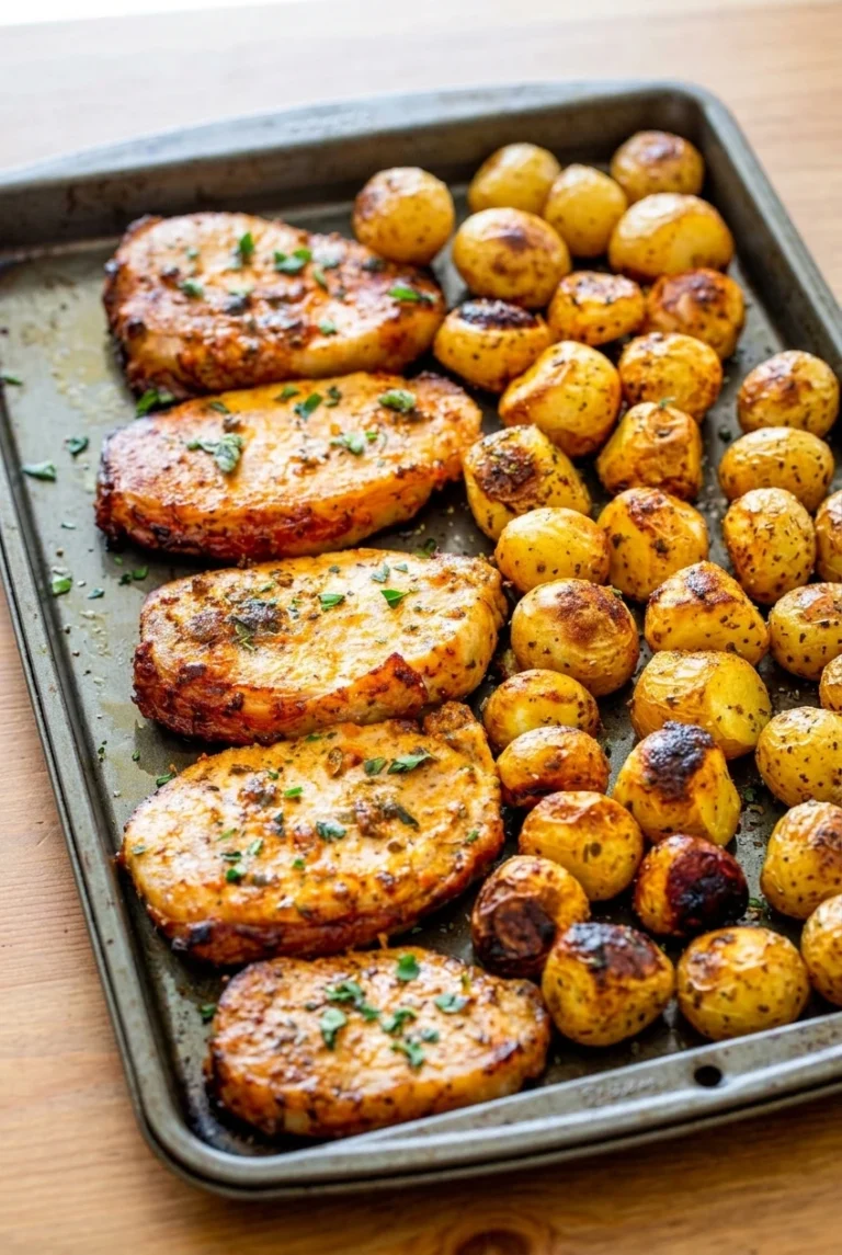 Ranch pork chops and mostly whole roasted baby potatoes with browned edges and parsley on a sheet pan