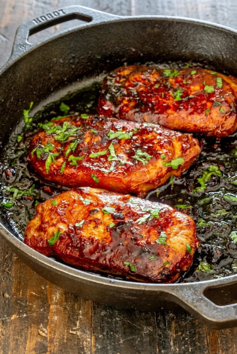 Whole Korean glazed pork chops with browned edges and green onion in a dark skillet