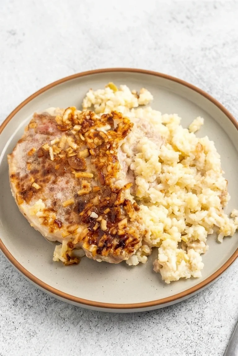 Pork chop with browned onion pieces beside a generous scoop of creamy rice on a neutral plate.