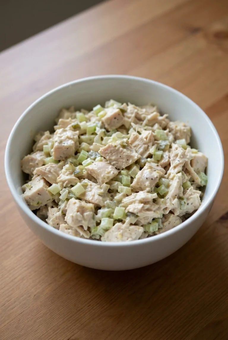 Southern Chicken Salad with Celery and Dill Pickles A bowl of Southern chicken salad with tender chicken, celery, and dill pickle in a creamy dressing